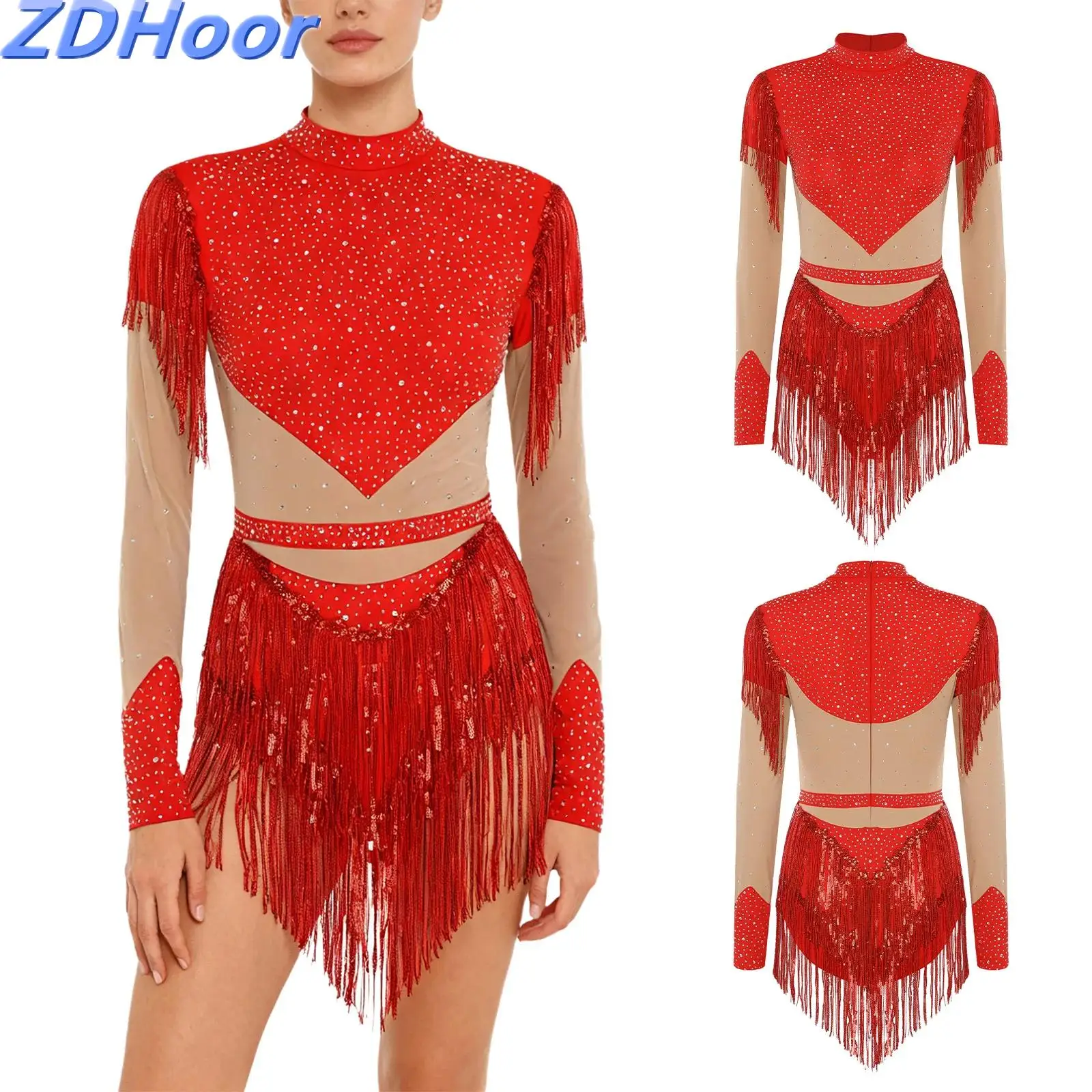 

Womens Tassel Dance Leotard Sequin Long Sleeve Openable Crotch Back Zip Contrast Color Jumpsuit for Latin Chacha Dance