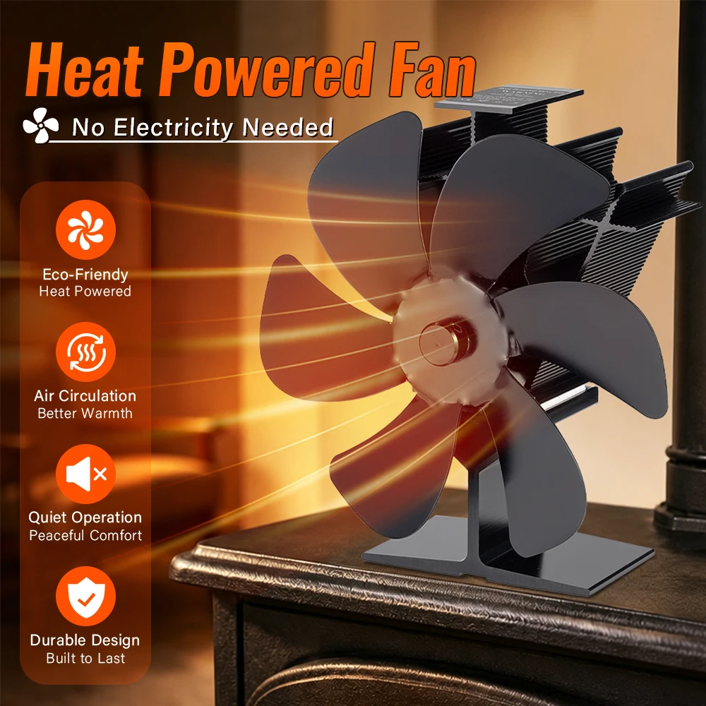 6 Blades Stove Fan Heat Powered Eco Quiet Black Log Wood Burner Fireplace Fan Winter Warmer Home Efficient Heat Distribution