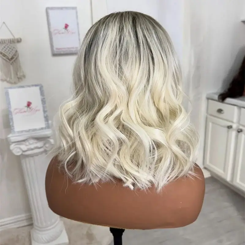 أومبير الأبيض البلاتين شقراء تسليط الضوء على الدانتيل الباروكة الأمامية موجة قصيرة بوب مع الانفجارات المصنع الأصلي شعر مستعار رخيصة 180% عالية الكثافة #4