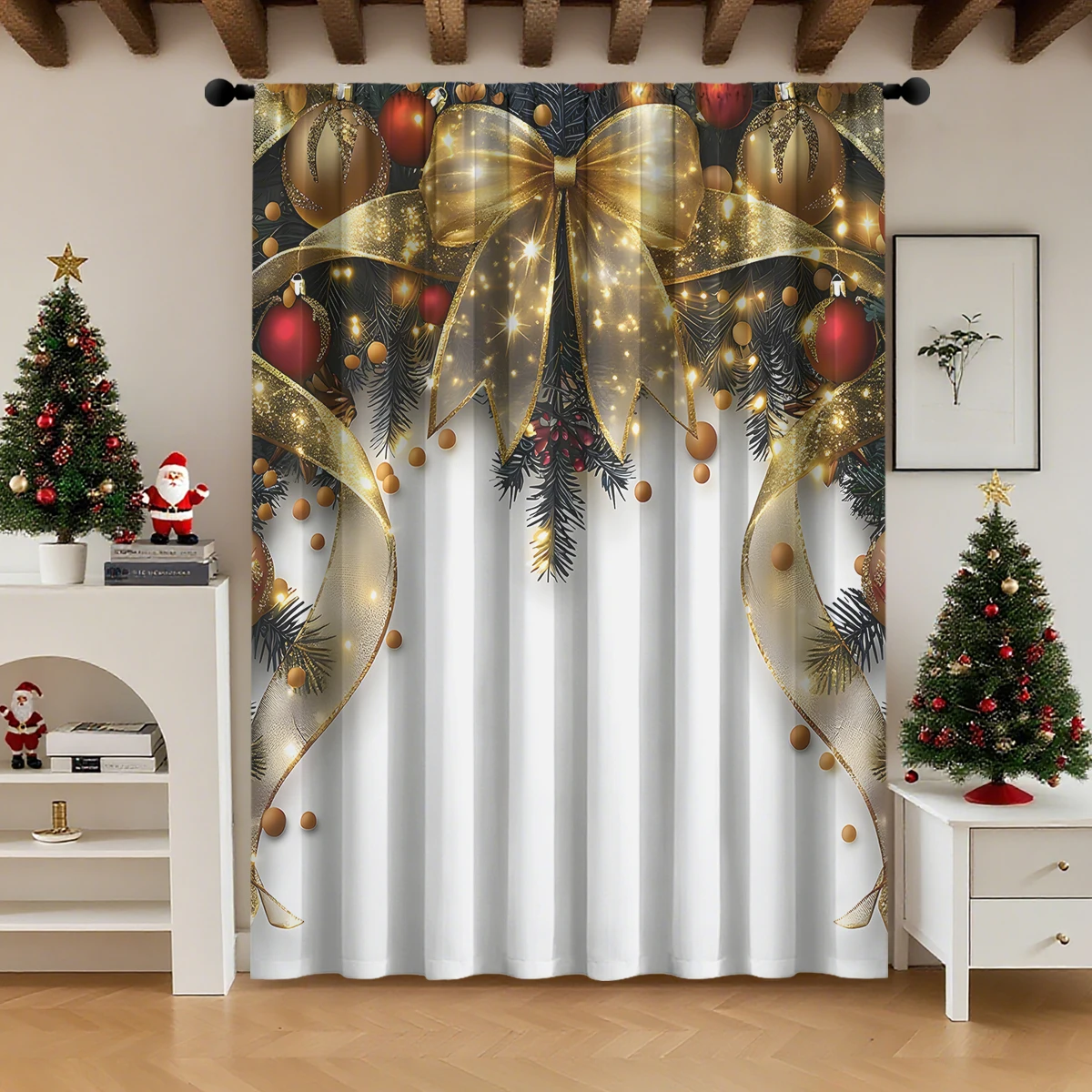 1Pc, Gold Transparent Bow Christmas Decorative Curtain - 100% Polyester Curtain with Rod Pocket Design, Natural Inspiration Art, Holiday Decoration, Living Room Bedroom Decorative Curtain