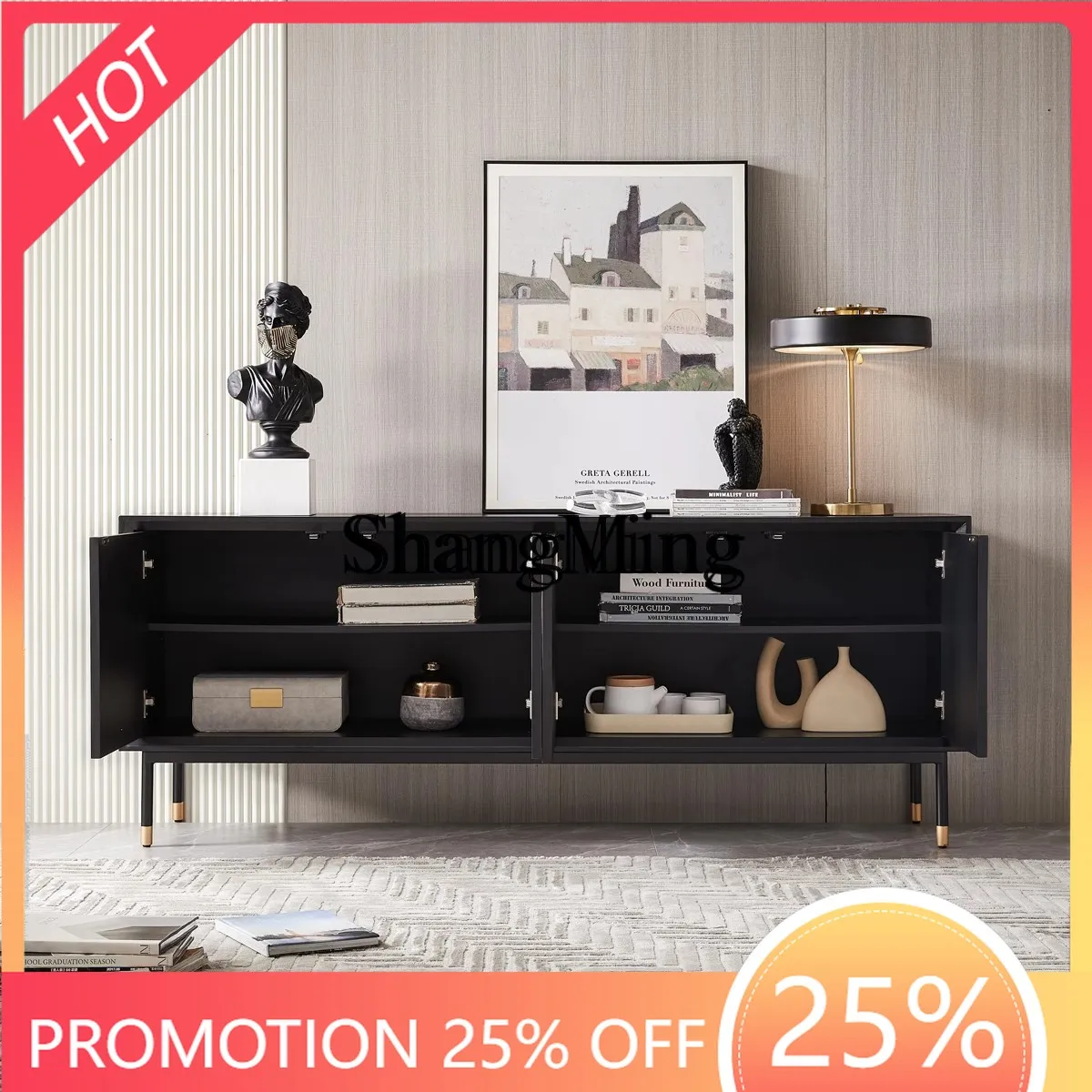 

CL modern simple solid wood TV cabinet high black living room small apartment minimalist floor cabinet