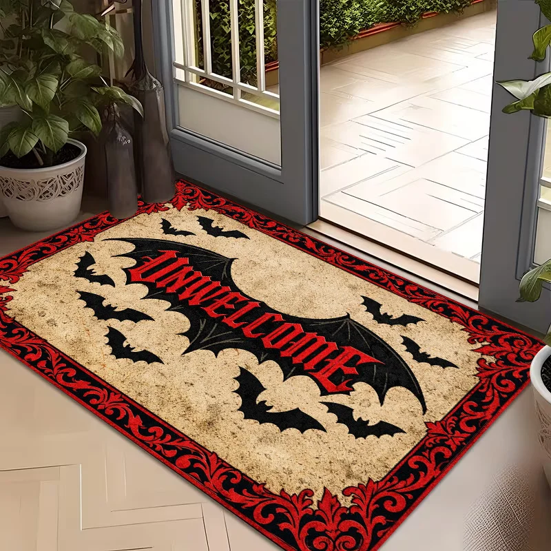 Unwelcome Halloween Bat Door Mat Rectangle Non-Slip Rug Vintage Spooky Red Black Carpet for Home Entrance Porch Decor