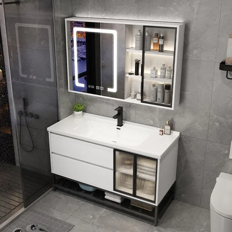for Modern Simple Smart Bathroom Cabinet with Glass Door Solid Wood Vanity Ceramic Integrated Basin and Toilet Wash Basin