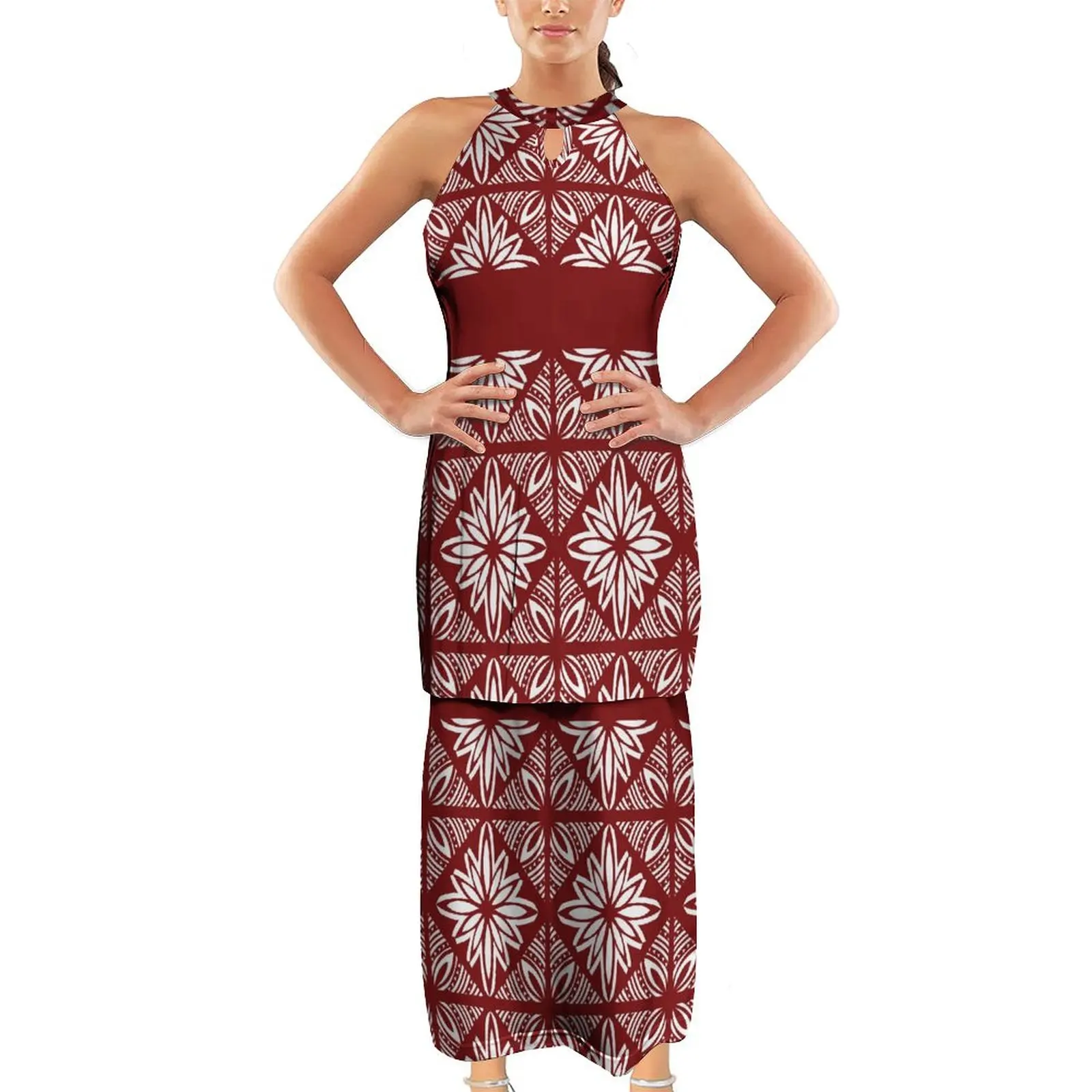 Polynesian Puletasi Samoa Custom Pacific Island Style Set Skirt Cutout Art Sexy Long Dress Summer Tribal Ethnic Design Set Skirt