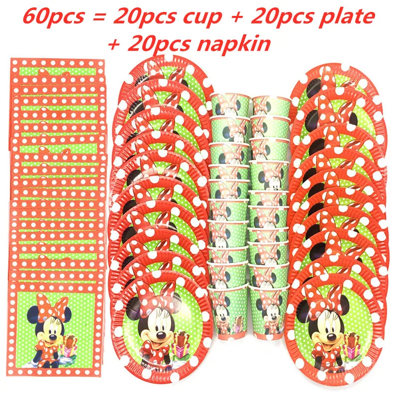 

40/60pcs/set Red Minnie Mouse Party Plates cups banners Disposable tableware Girl birthday Idea party decorations party supplies