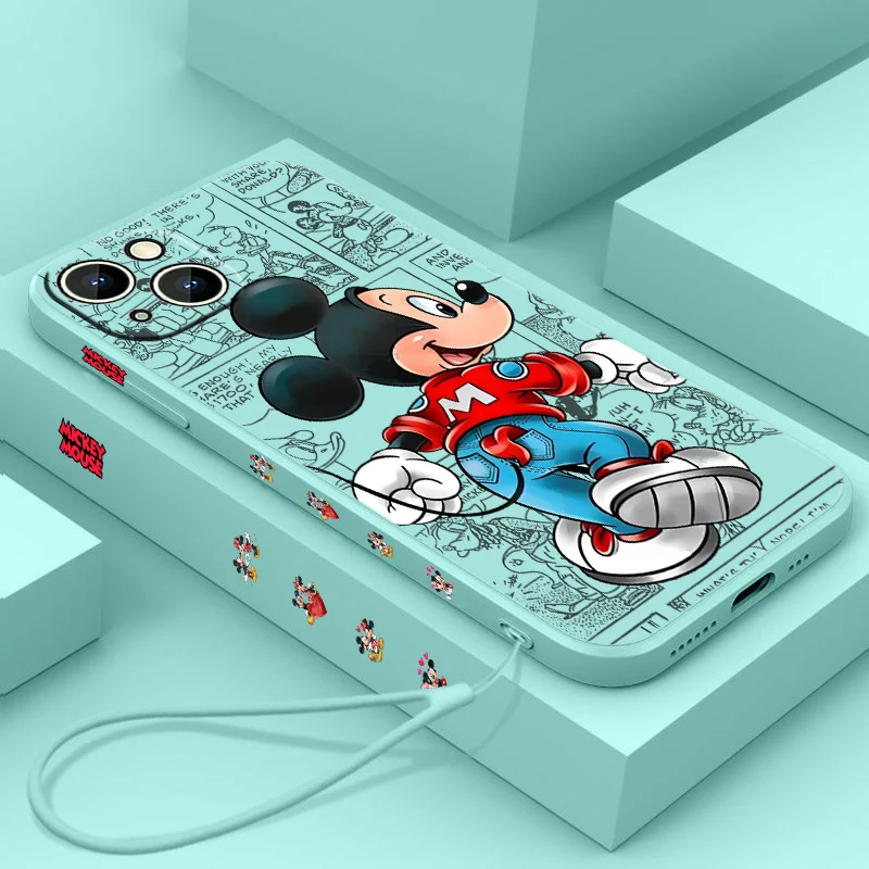 Disney Mickey Mouse Couple Phone Case For iPhone 16 15 14 13 12 11 8 7 Mini Pro Max Plus Liquid Left Rope Cover Funda Soft Capa