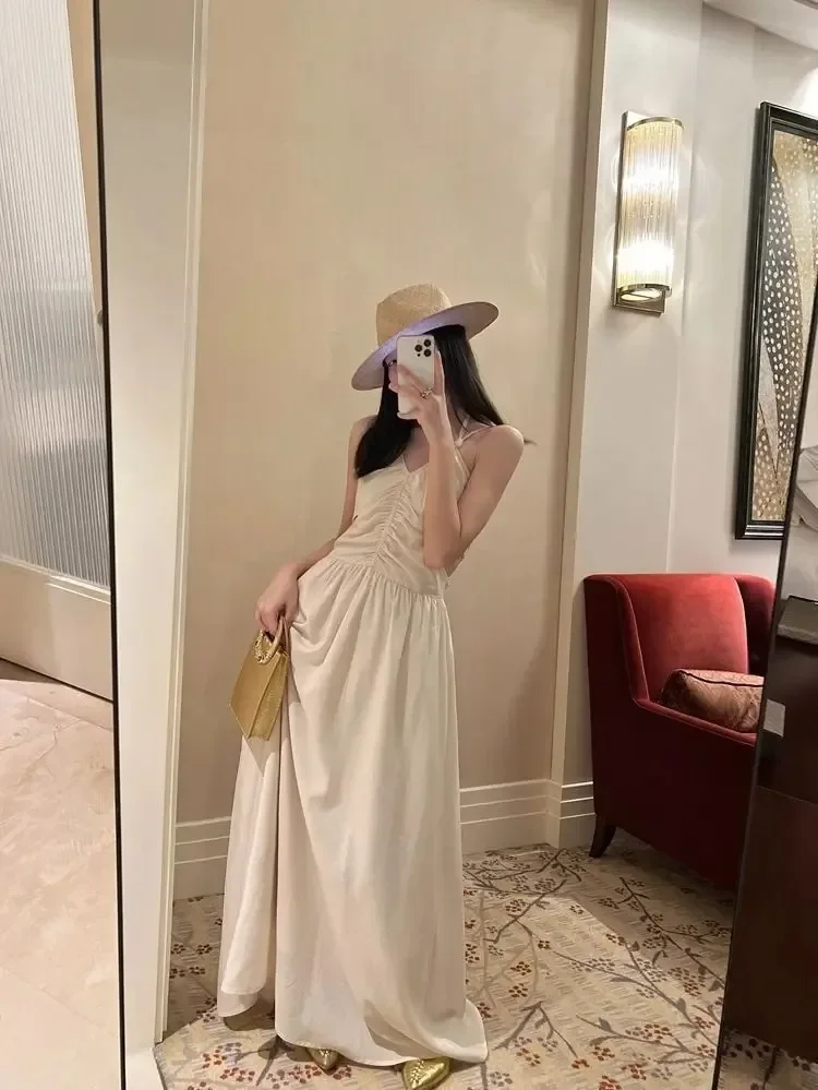 2025 Vestidos デ Mujer サマードレス婦人服ハイウエストひだノースリーブ背中の開いたセクシーなローブファムファッションマキシドレス