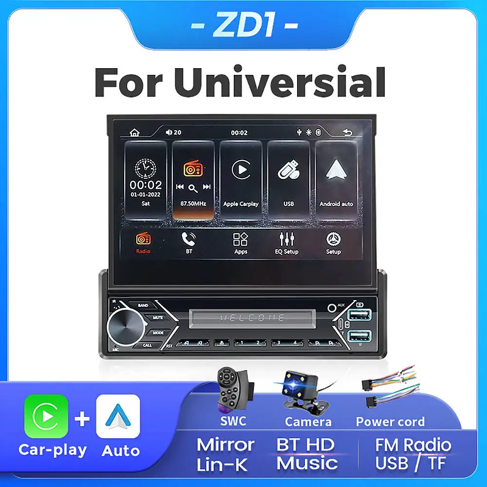 Schermo retrattile IPS universale da 7 pollici 1 Din autoradio Wireless Carplay Android Auto GPS lettore Video multimediale navigazione DSP