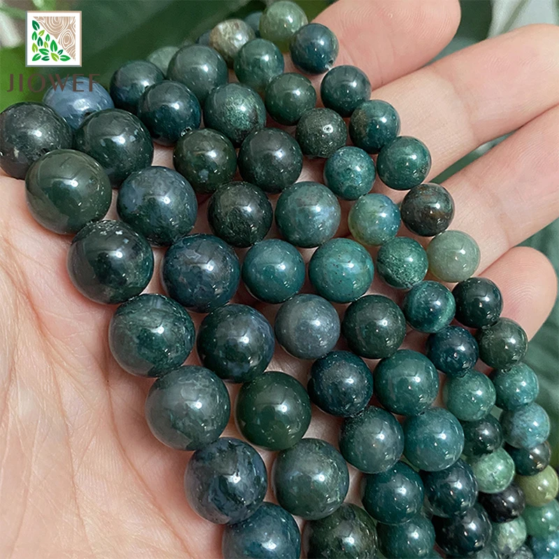 Smooth Moss Grass Green Agates Round Loose Spacer Beads Chains for Diy Jewelry Making Natural Stone 4 6 8 10 12 14MM 15