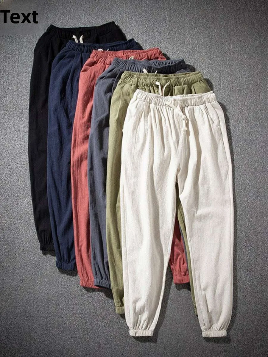 

Новые летние тонкие хлопковые льняные мужские брюки свободного кроя, удобные, дышащие, повседневные, с высокой эластичностью, укороченные (7/8)