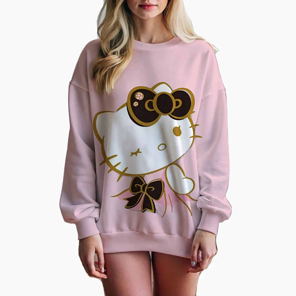 Hello Kitty Cartoon Anime Women Pullover Spring Autumn Men Round Neck Hoodie Clothes 2024 New Fashion Couple Sweatshirt Tops