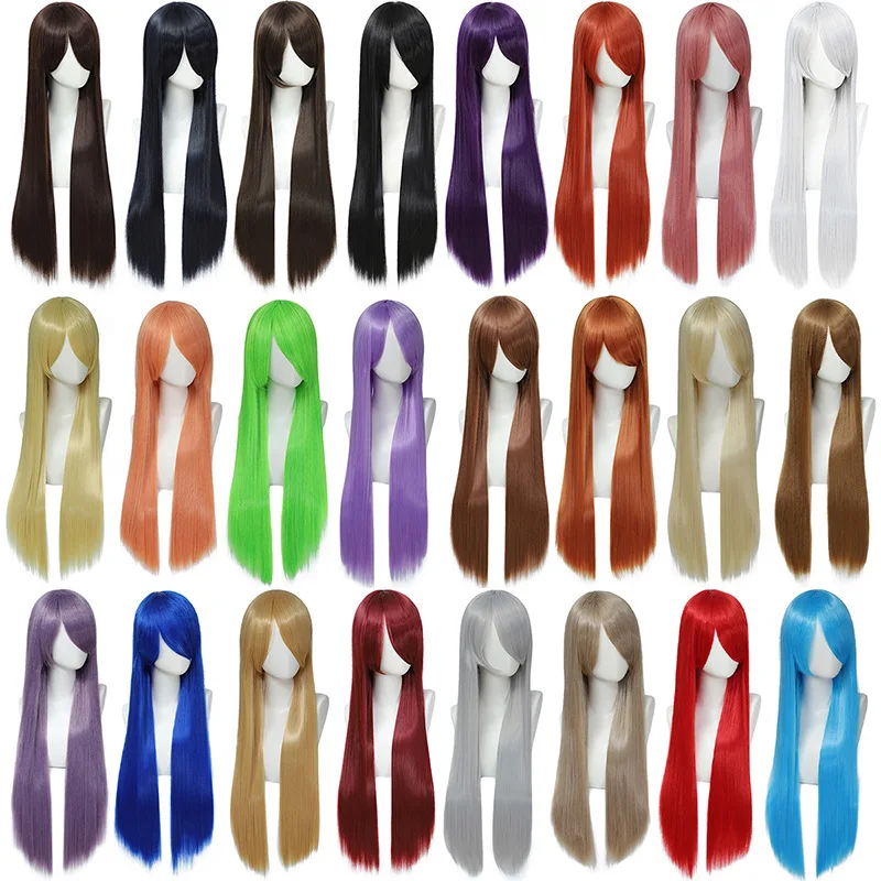 Synthetic cosplay wig with bangs 100CM female anime Lolita long straight hair Oberl blue red pink