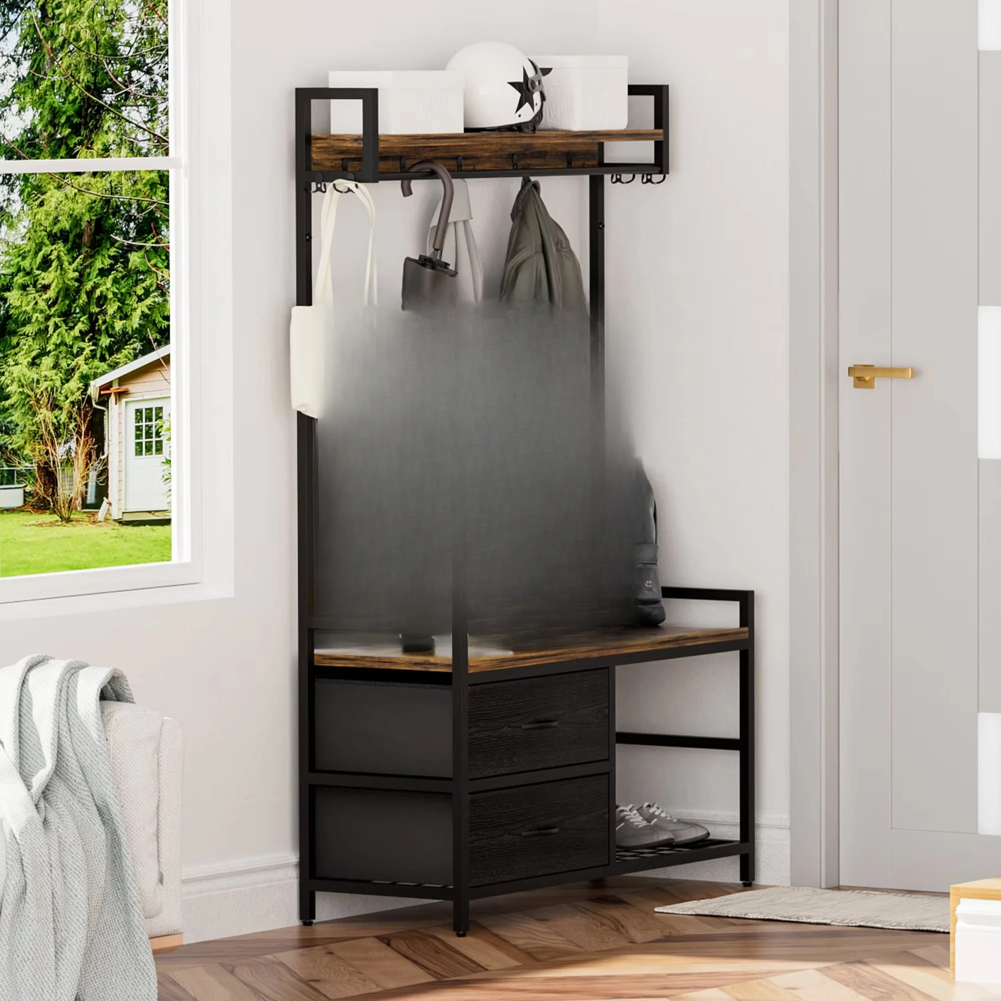 foyer with 2 drawers, tree storage rack, shoe cabinet, coat rack, 5-in-1 entrance porch bench