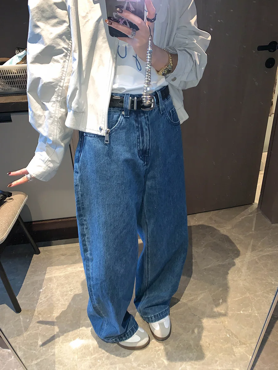 

Spring women's casual solid color washed blue curved cut loose wide leg jeans