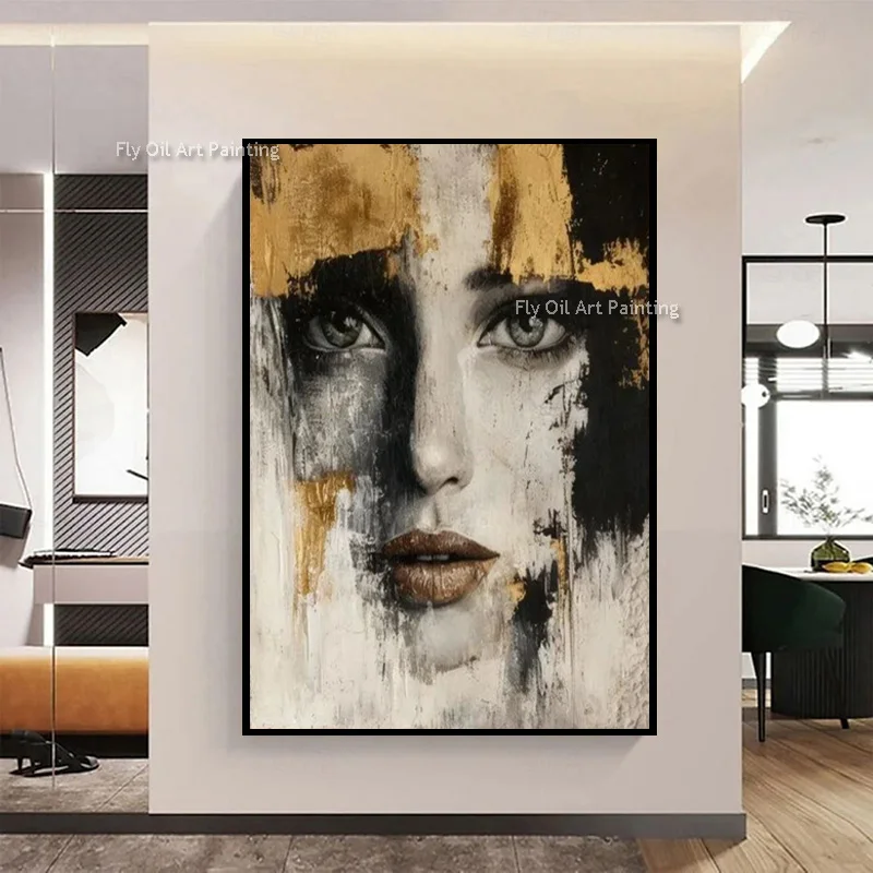 Specail Home Wall Decor Items Black And Beige Women Face Canvas Oil Painting On Canvas Handmade Gold Foil People Artwork As Gift