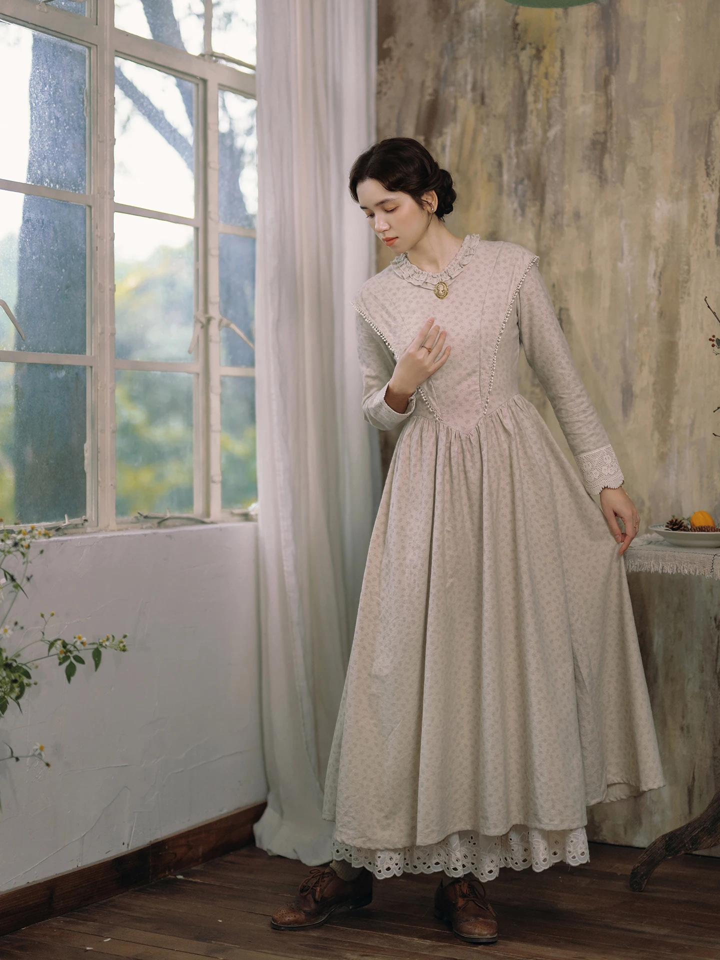 Tiyihailey primavera outono 100% algodão feminino vestido impresso manga cheia longo maxi senhoras roupas S-XL vintage cintura alta 2026 cinza