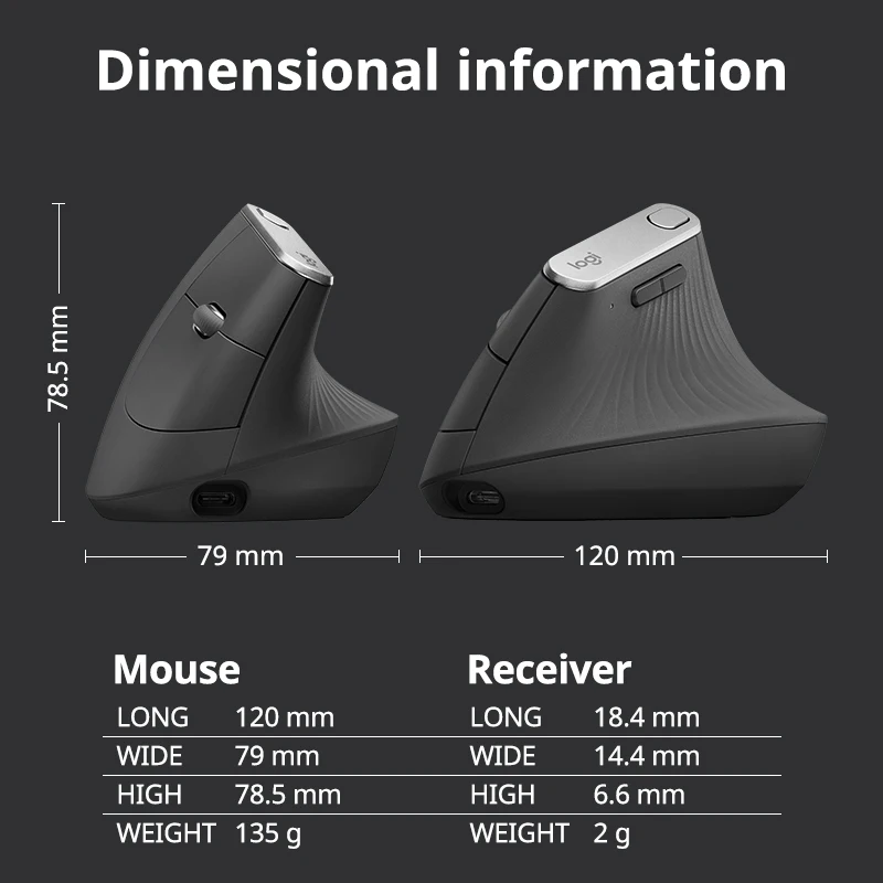 Imagem -05 - Mouse Vertical Ergonômico sem Fio Logitech-mx Esquerdo com Parafuso Receptor Usb para Mãos Grandes Original