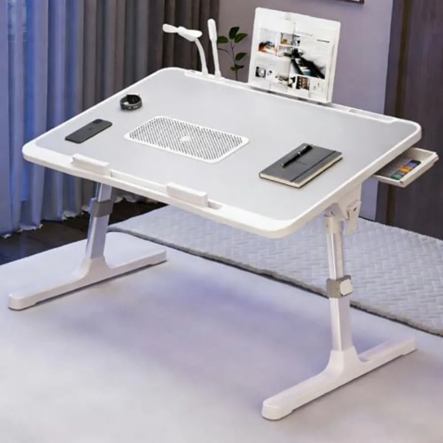 Laptop Desk for Bed with Adjustable Height Cooling Fan USB Charging Storage Drawer Cup Holder Tablet Stand Book Shelf Foldable