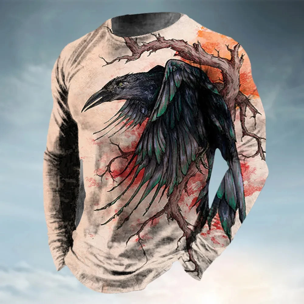 Vintage Long Sleeve Tshirts 3D Printed Animal Eagles Streetwear Loose Men Round Neck Street Harajuku Oversized TShirt Clothes