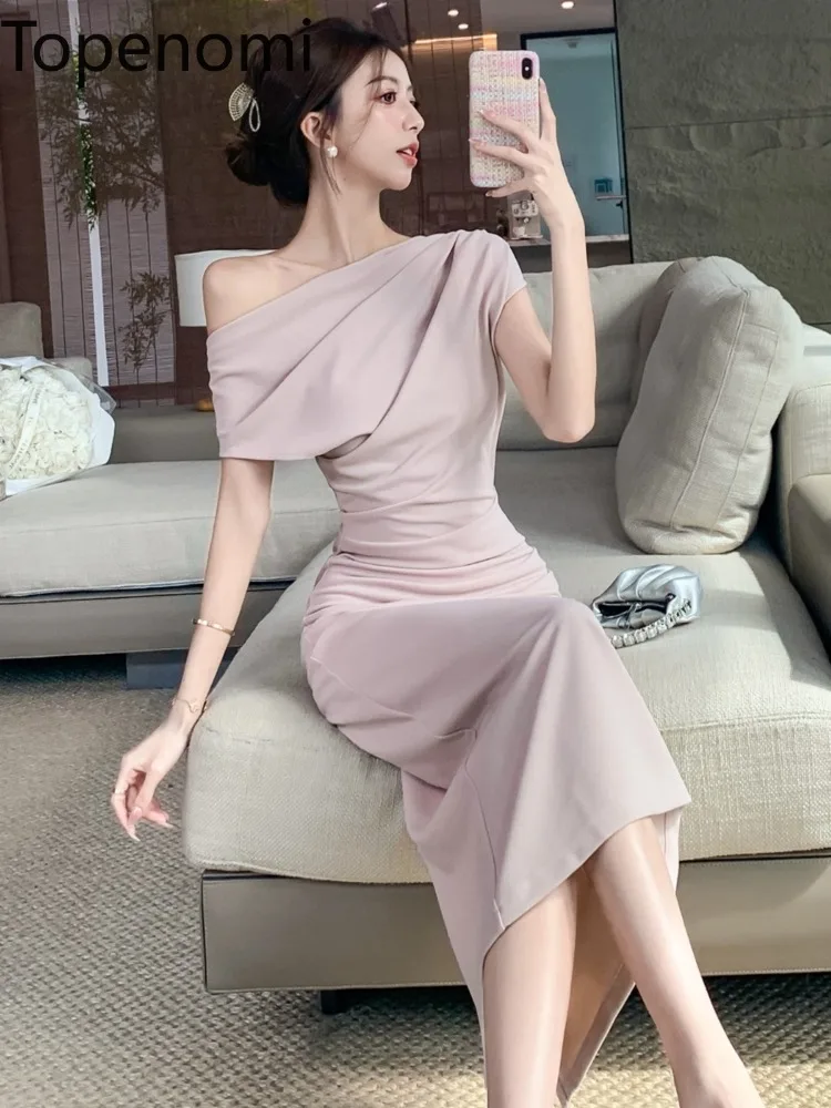 Topenomi Sexy Off Shoulder Wedding Evening Dresses Women Simple Temperament High Waist Slim Folds Long Cocktail Party Gown Robe