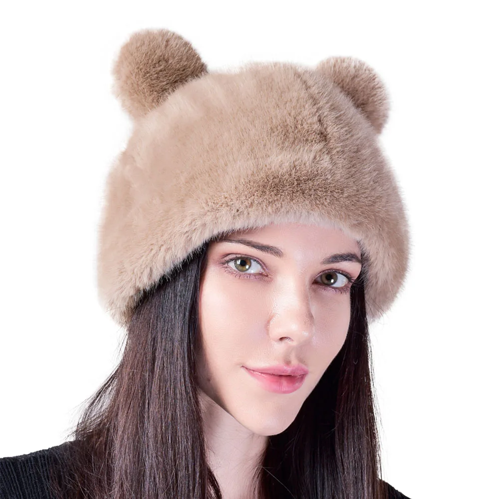 

New Style Women Real Faux Fur Beanies Hat Girls Natural Skullies Cap Knit Winter Russian Ski Hat Faux Fur Hats