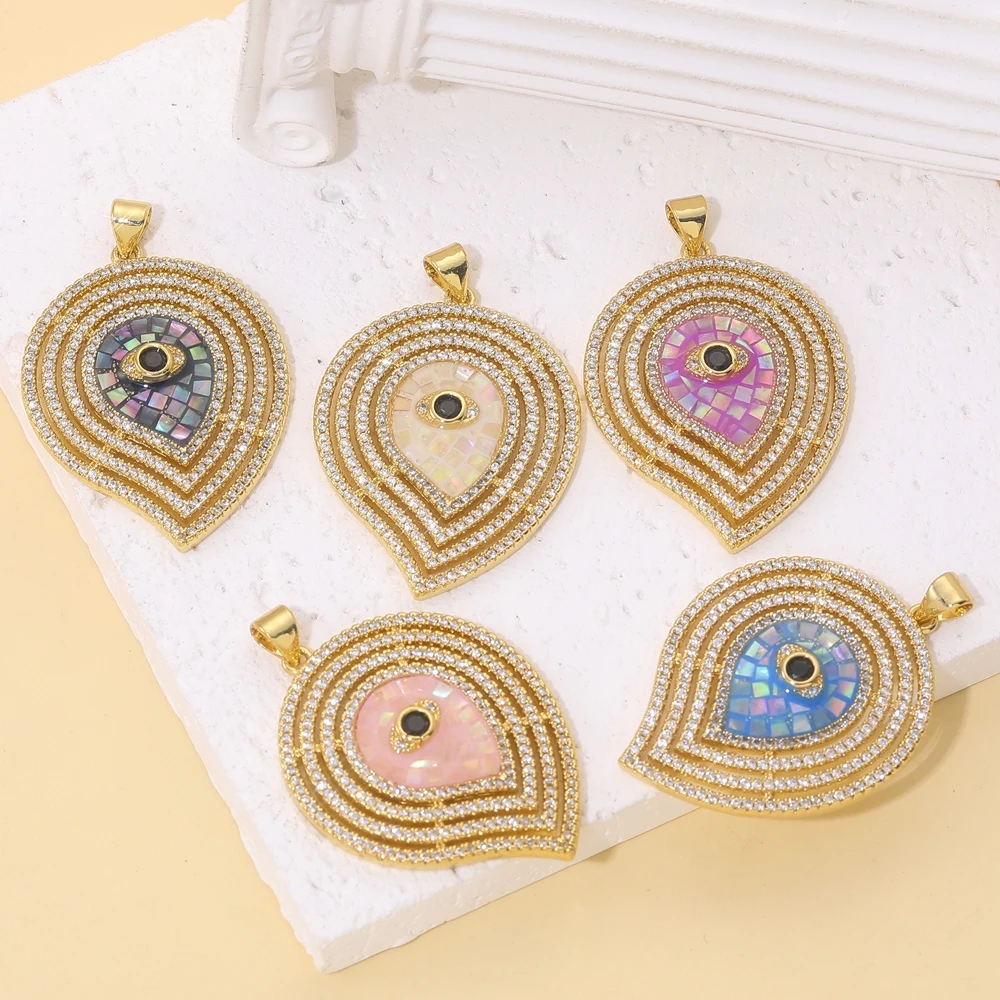 Juya 18K vergoldete Luxus-Anhänger mit Regenbogen-Zirkonia, Stern, Libelle, Baum des Lebens, Biene, Liebesherz, rundem griechischem Bösen-Auge-Charm – Detail 4