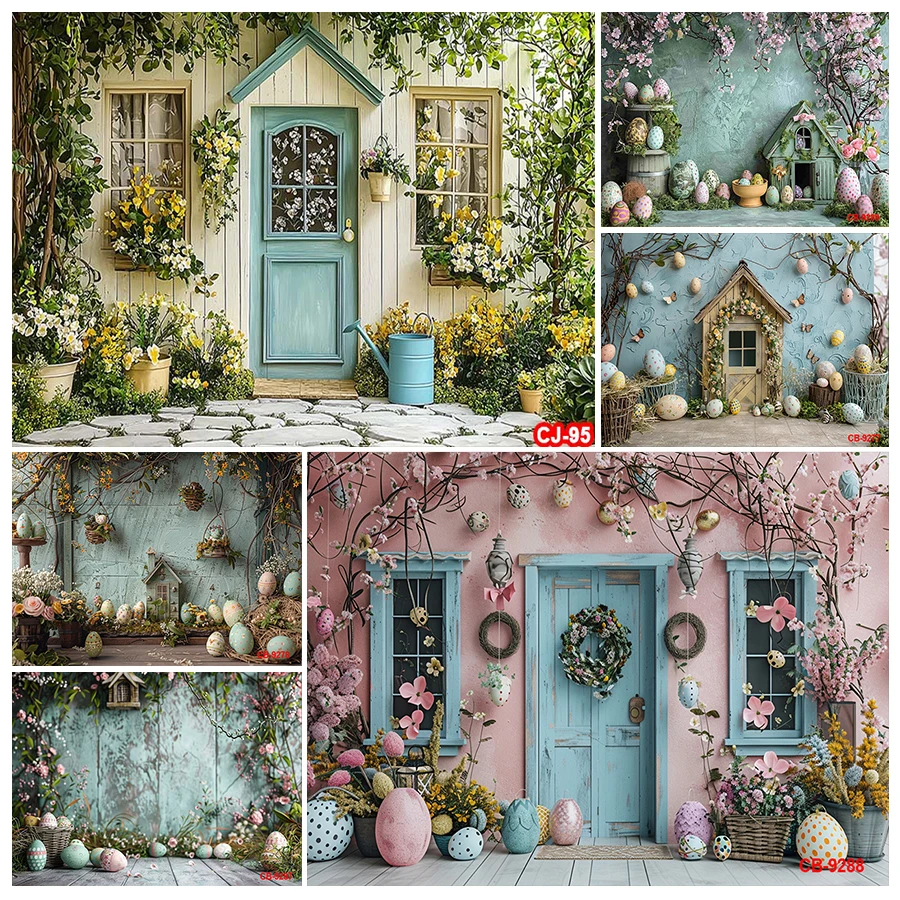 용수철 부활절 배경 꽃 나무 문짝 계란, 행복한 부활절 사진 배경, 어린이 초상화 생일 파티 장식, 사진 소품