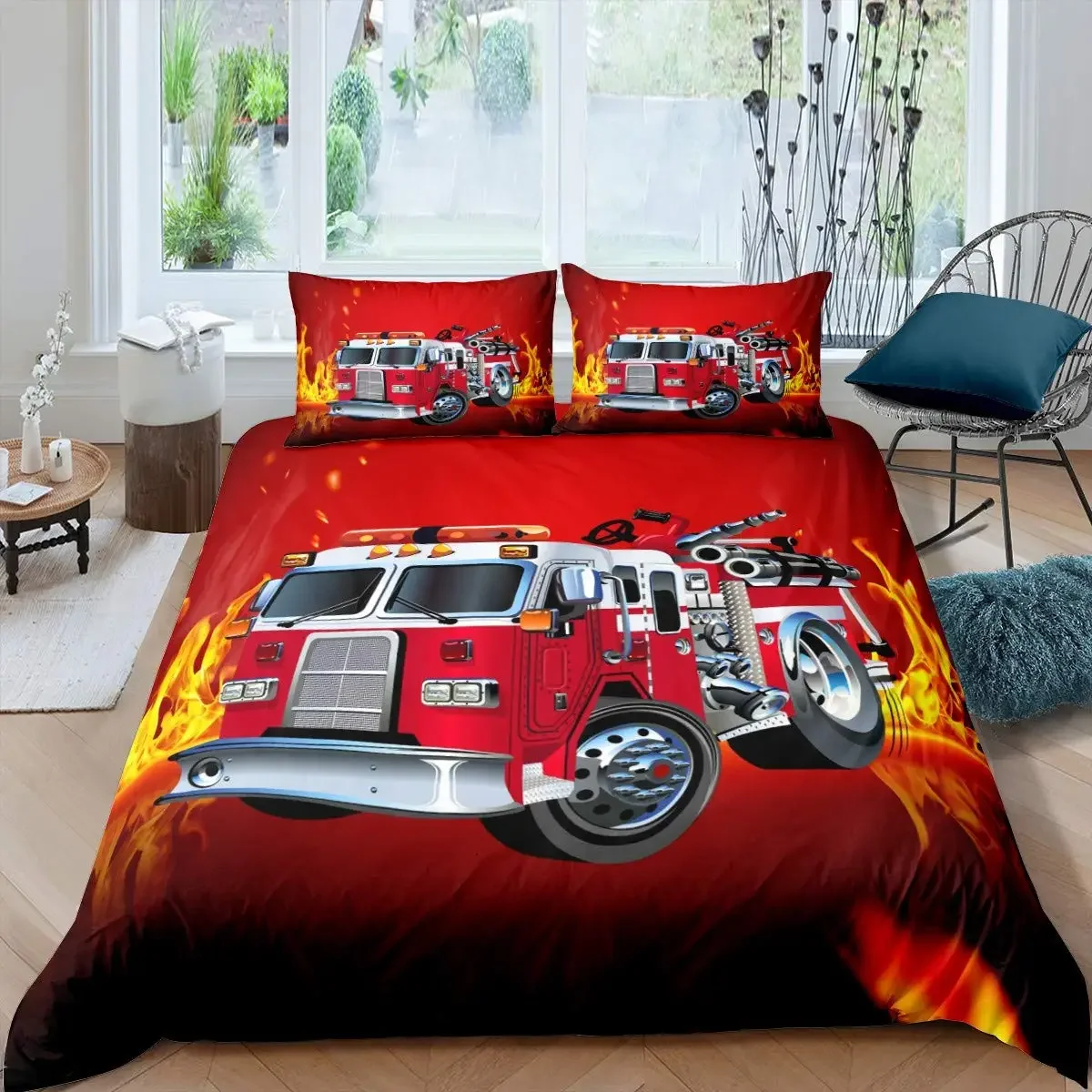 

Firefighter Truck Duvet Cover King/Queen Size Red Firemen Car Bedding Set For Kids Boys Girls Fire Engine Polyester Quilt Cover