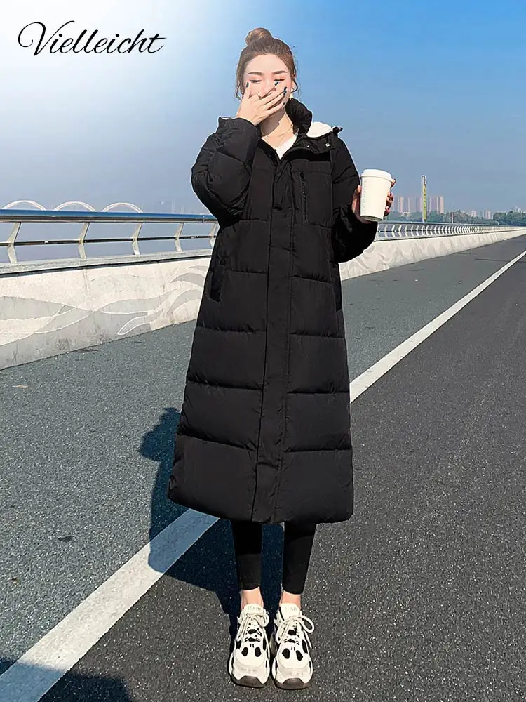 Vielleicht Parka Coat Extra Long Winter Jacket Women Hooded Pocket Zipper Female Lady Windbreaker Coat Casual Outwear Clothes