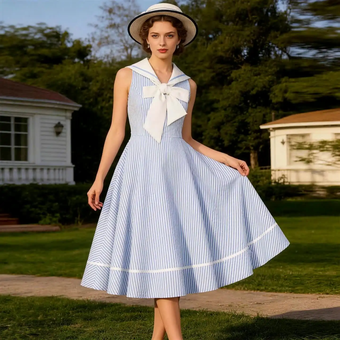 Tonval Sailor Collar White and Blue Striped Summer Dresses for