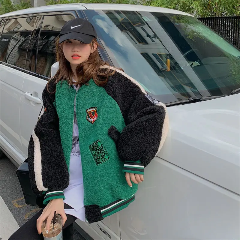 Deeptown Vintage Korean Style Women Baseball Jackets Oversized Streetwear Y2k Hip Hop Female Zip Up Bomber Jacket Kpop Green Top