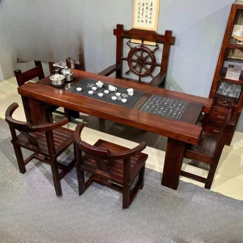 

Solid wood and chair combination boat wood kung fu tea table office leisure art creativity