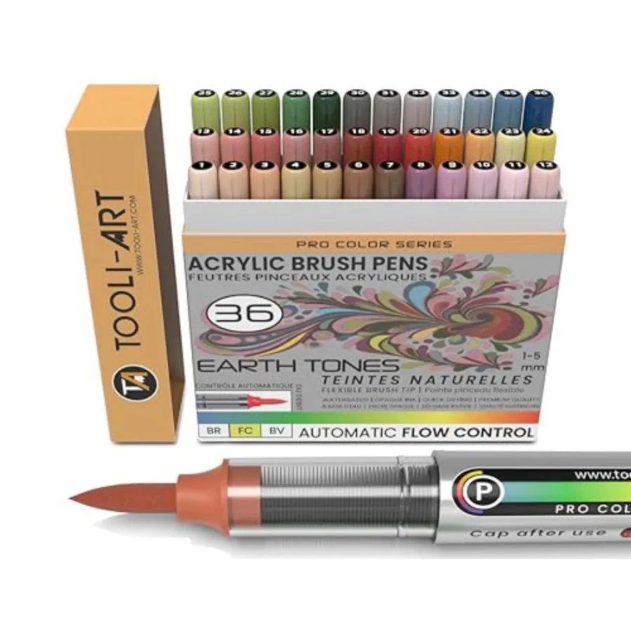 

36 Flexible Brush Tip Acrylic Paint Pens Automatic Flow Control 1-5mm Line for Rock PaintingColoring Lettering Scrapbooking Gla