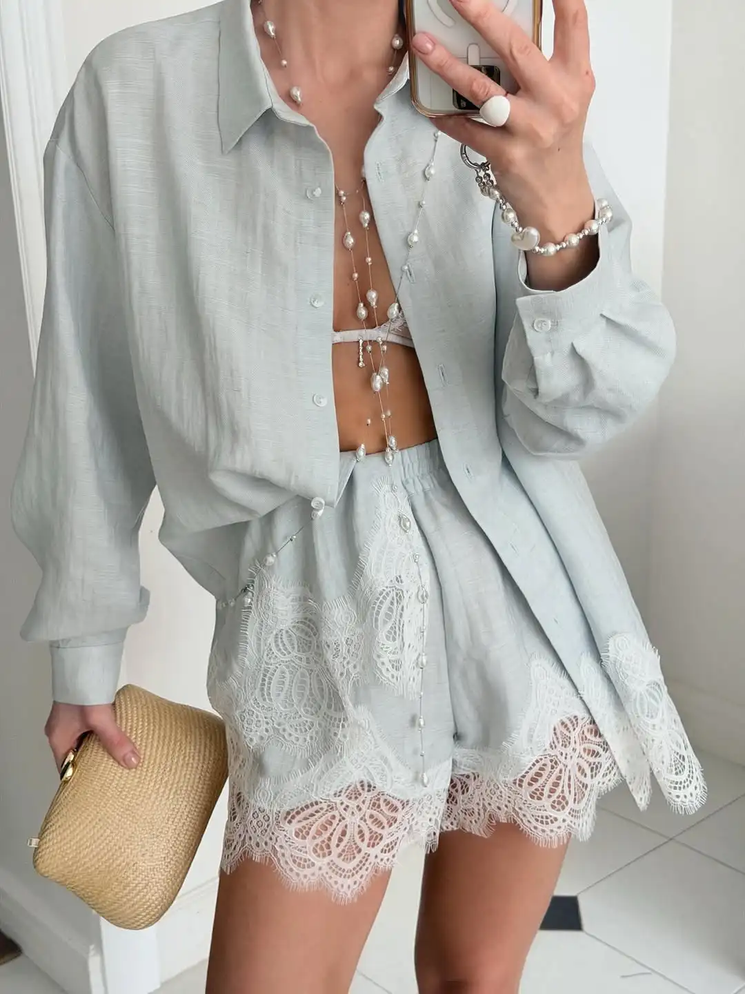 Blue Lace Patchwork Hem Shirt Shorts 2 Pieces Set Women's Single Breasted Blouse High Waist Shorts Set 2026 Casual Daily Outfit