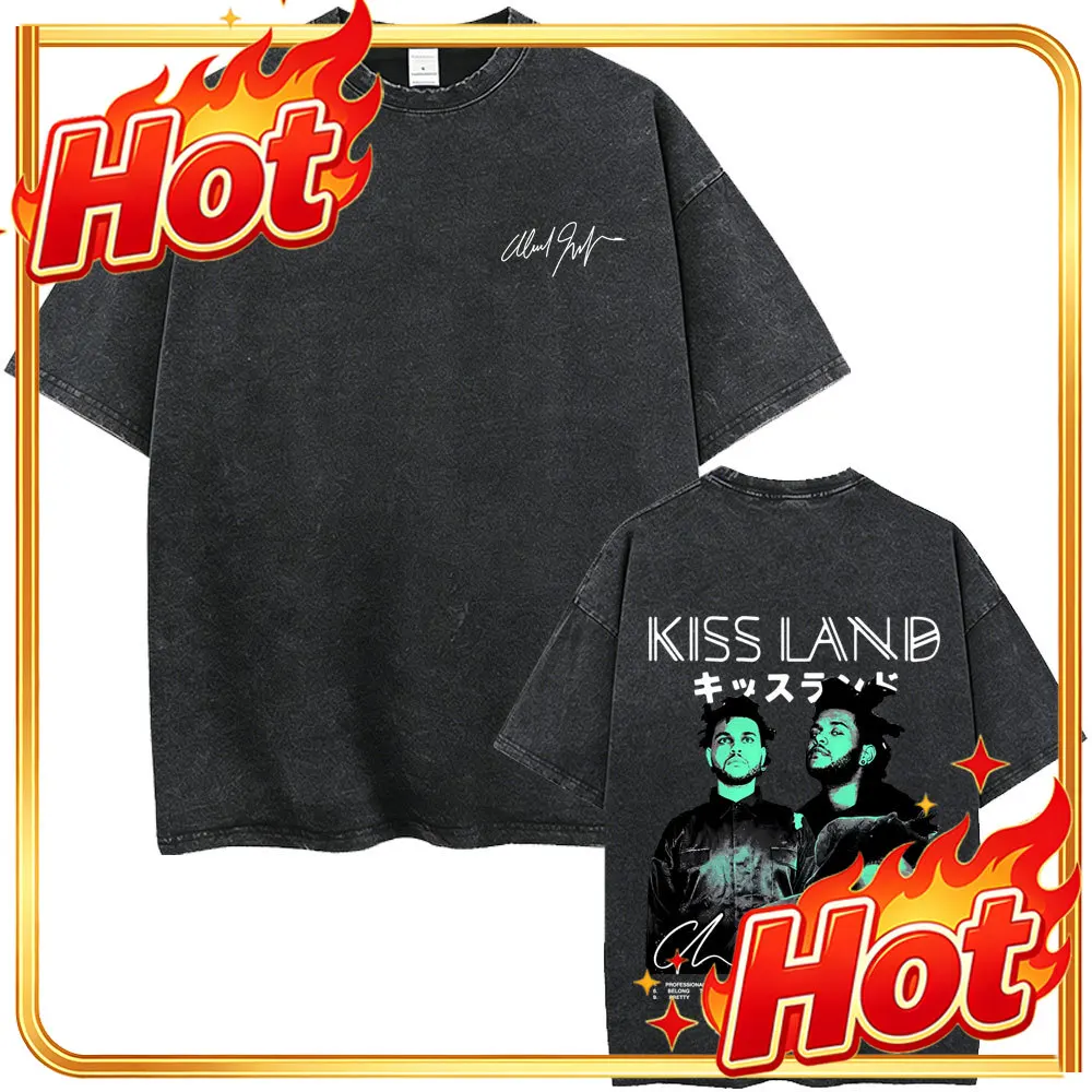 Custom Washed Vintage Rapper The Weeknd Kiss Land Album Graphic T-shirt Men Women Hip Hop Fashion T-shirts Men's High Quality T