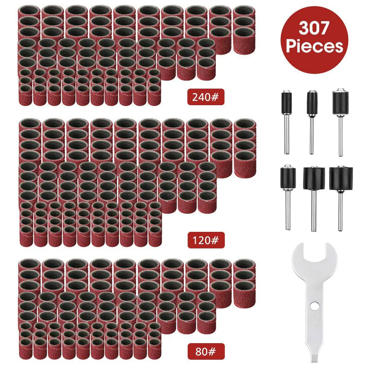 Lixadeira Conjunto para Dremel, Lixar Kit de Bateria, Mangas de Banda, 80, 120, 240, 300 pcs, 6 pcs tambor mandris, 307 pcs