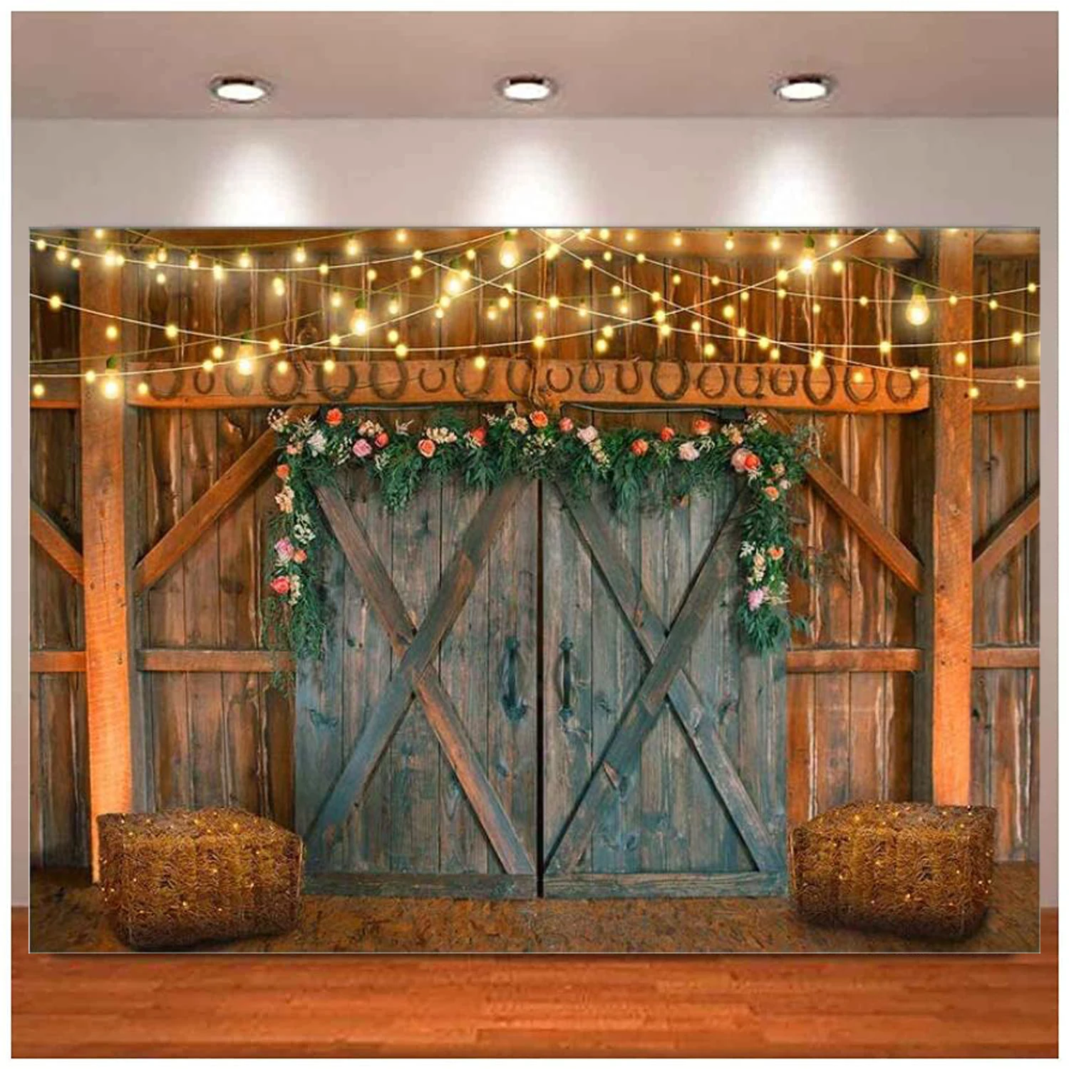 

Photography Backdrop For Farm Theme Party Barn Door Hay Lights Rural Background Western Cowboy Photo Booth Studio Props Poster