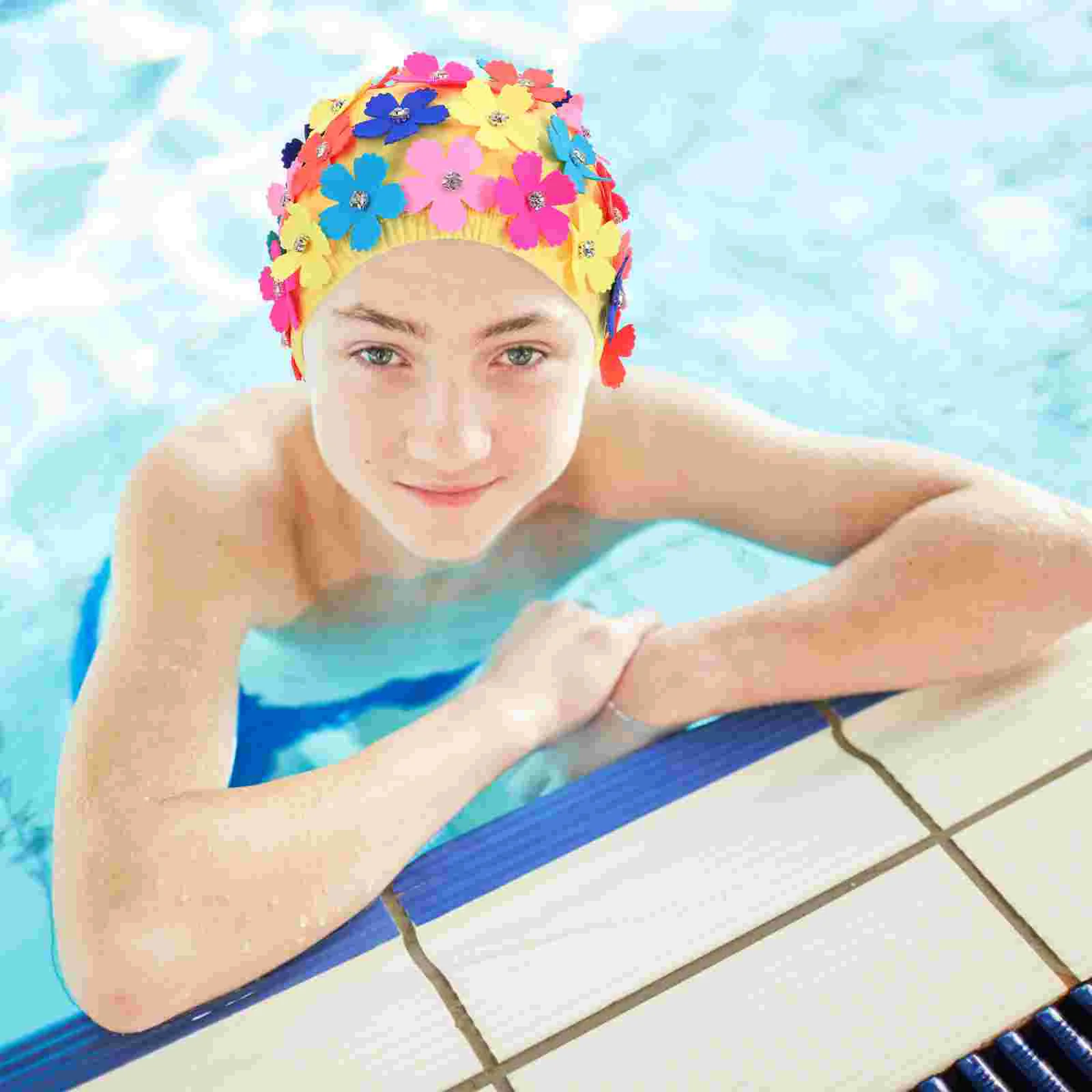 Simulation Flower Petal Shower Cap Rhinestones Swimming Women Bathing Caps Ear Nylon Fashionable Miss Floral