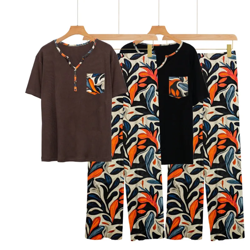 

Spring Summer Women's Pyjama Print Long Pants Short Sleeve Tops Home Suit Two-Piece Set European Modal Sleepwear Pajamas Female