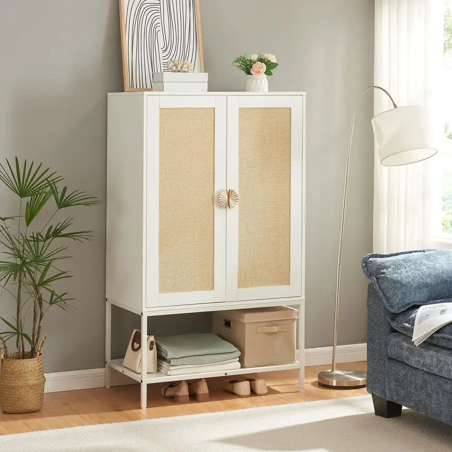 Rattan Wardrobe ClosetElegant Handle Bedroom Armoire with Aluminum Hanging Rod,Wooden Freestanding Wardrobe Armoires with 2 Door