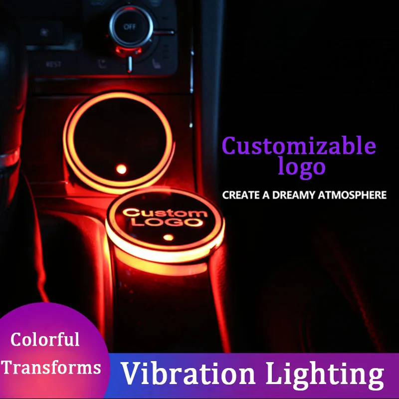 1/2pcs Customizable Patterns LED Car Cup Holder Light With Multiple Color Changes Rechargeable waterproof and anti slip coaster