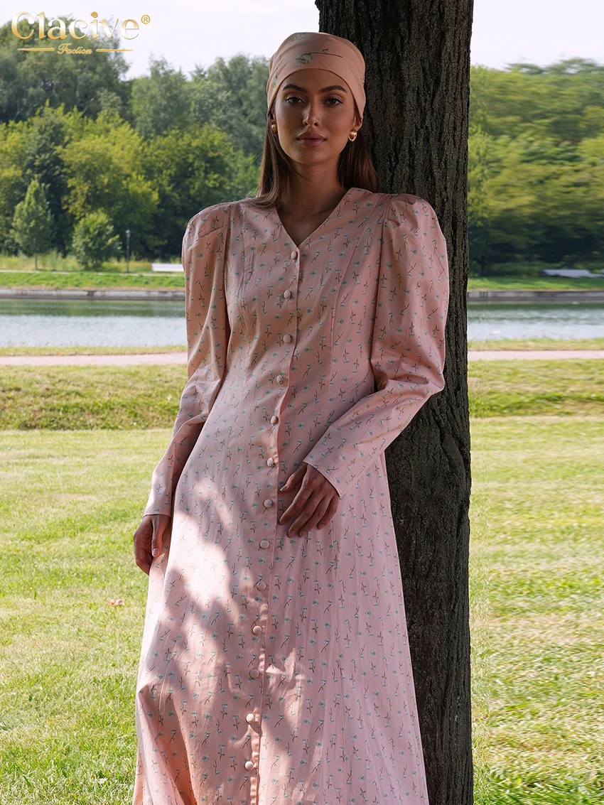 

Clacive Fashion Loose Print Women Dress 2025 Elegant V-Neck Long Sleeve Maxi Dresses Casual Classic Slit Dress Female Clothing