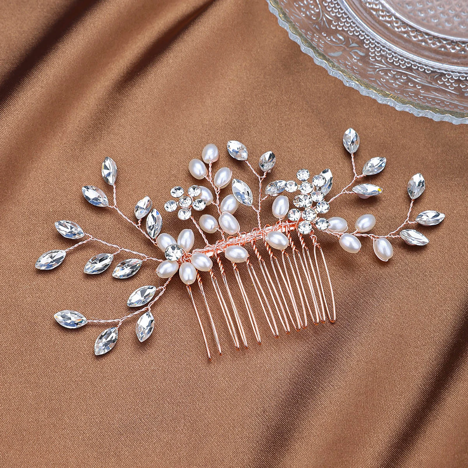 Peinetas para el pelo de boda con diamantes de imitación morados, horquillas con flores y perlas, tocado de novia Simple, accesorios de joyas para el cabello de novia elegantes