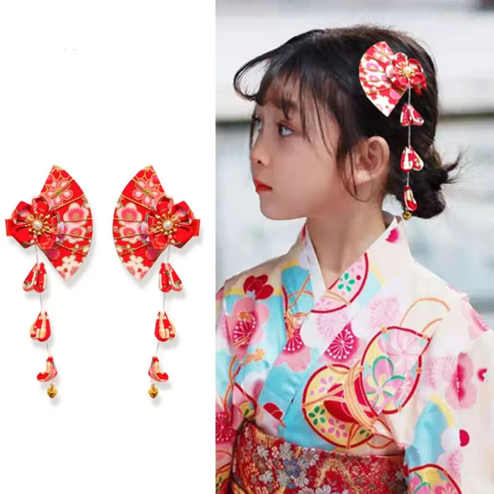 Fashion Hair Clip For Women Girls Hair Accessories Sakura Tassel Fan Hairpin Children Red Headwear Hanfu Headdress