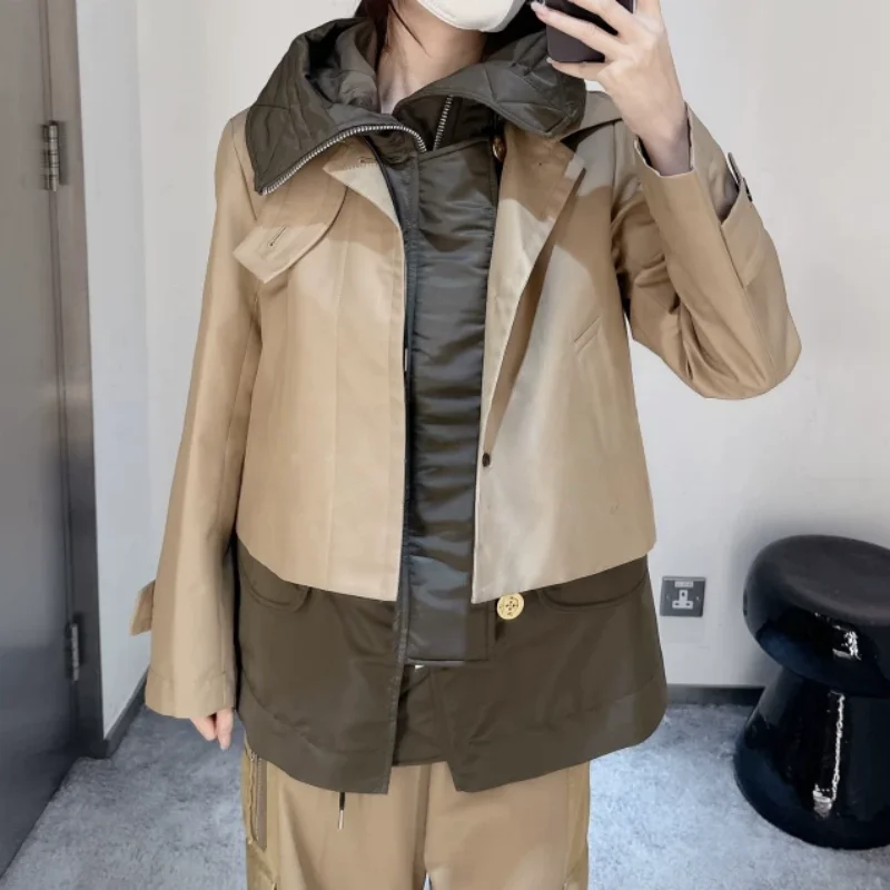 SAC splicing contrasting color hooded trench coat loose splicing casual top