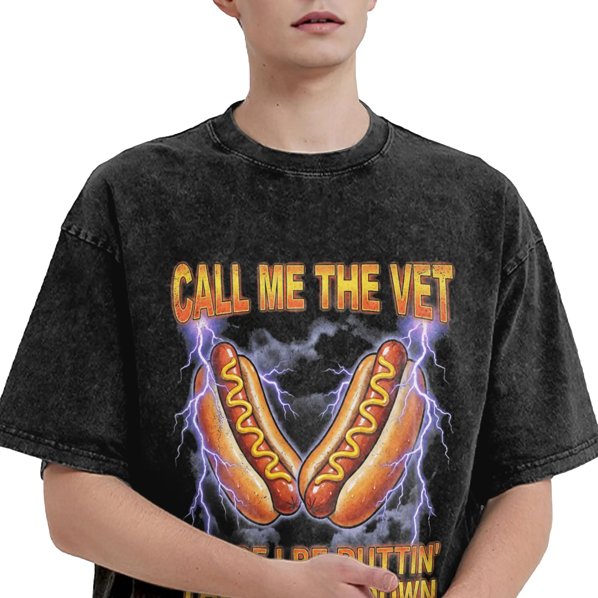 Call Me The Vet Cause I Be Funny Hotdog  T Shirts Hip Hop Washed Cotton Street T-Shirt  Fashion for Men Women Streetwear