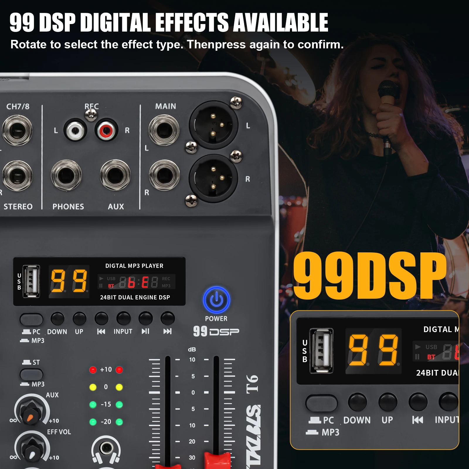 TKLBLS T6 6채널 오디오 믹서 블루투스 USB XLR RCA 인터페이스 48V 팬텀 파워 99 DSP 효과 스테이지 KTV 라이브 쇼
