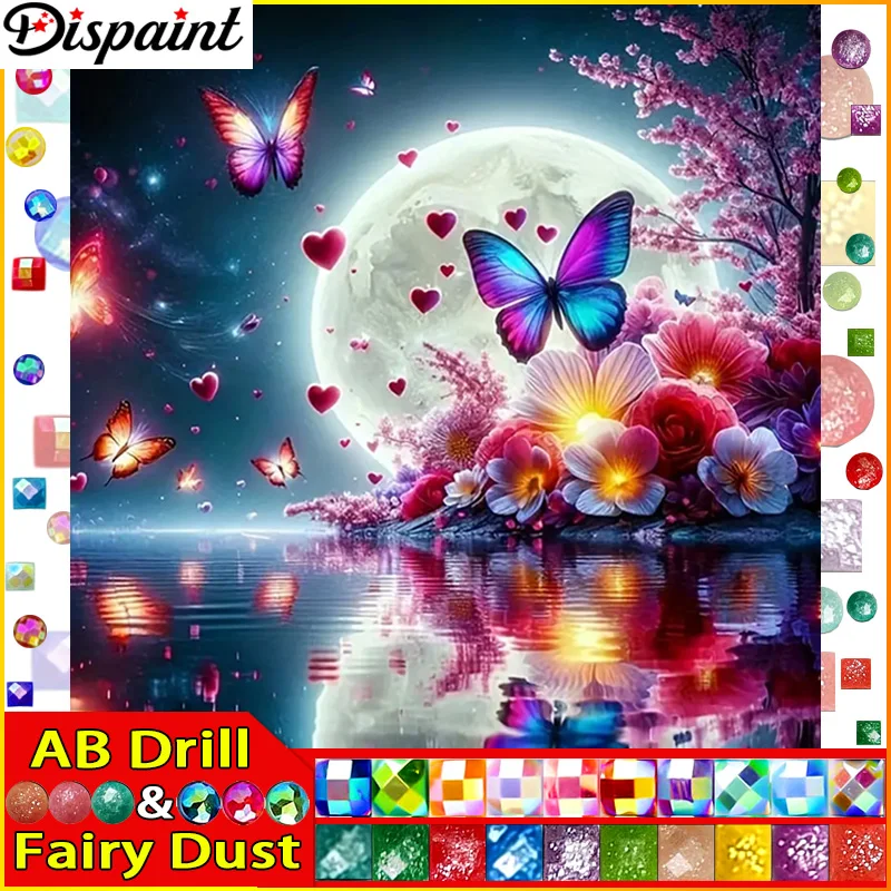 Dispaint Fairy Dust AB 5D Diamond Embroidery Needlework Kit"Moon Beach Butterfly"Diy Diamond Painting Cross Stitch Home Decora