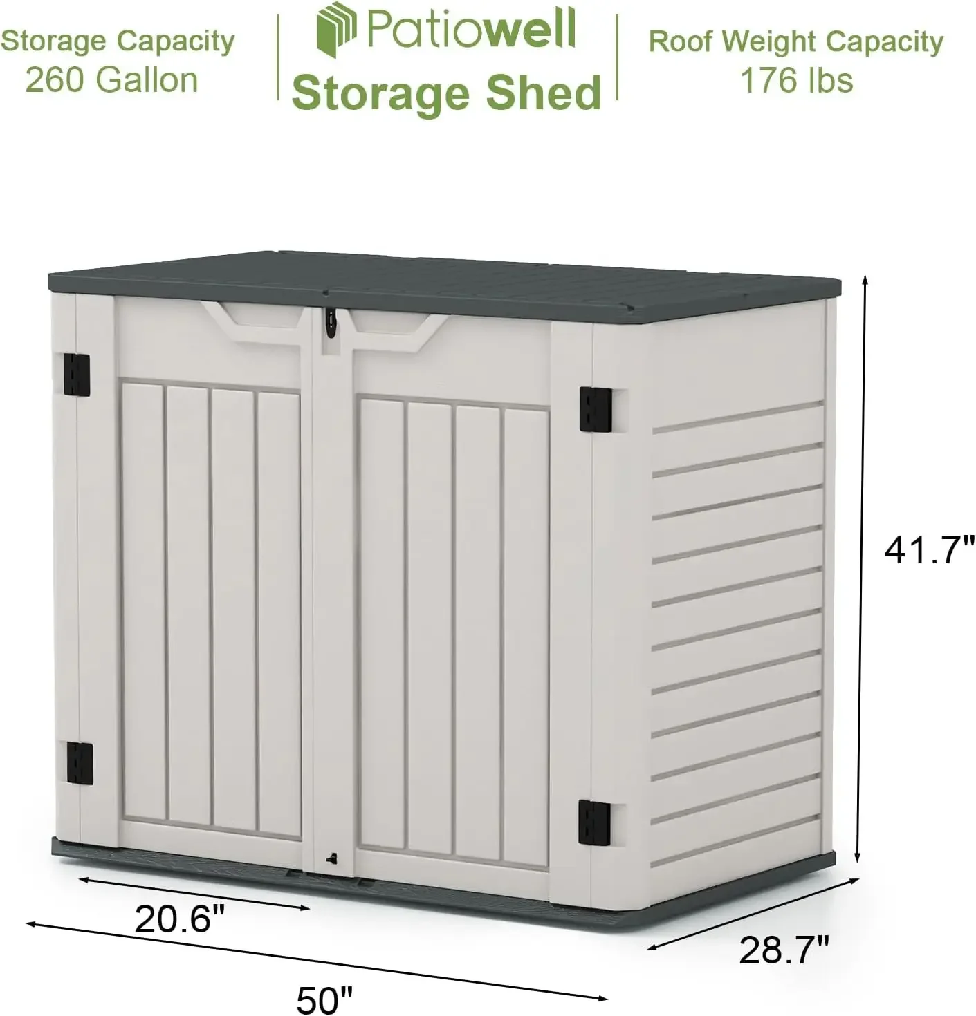 Capannone portaoggetti da esterno, capannone portaoggetti orizzontale per Patio, giardino, porta Multi-apertura facilmente portaoggetti, 36cu Ft senza ripiano (grigio)