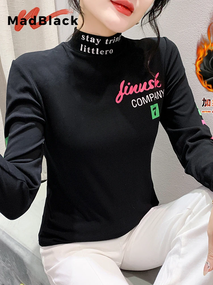 

MadBlack European Clothes Tshirt Women Mock Neck Thicken Fleece Print Slim Cotton Tops Long Sleeve Elastic Tee Winter T3N209JC